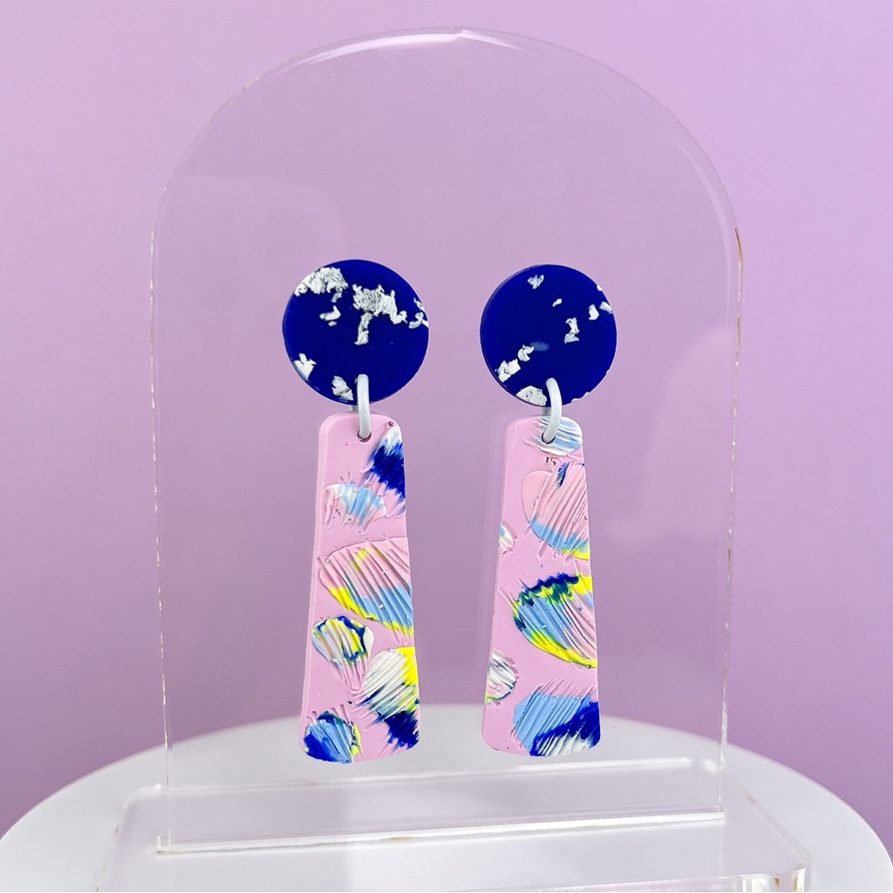 Colorful Abstract Design Polymer Clay Dangle Earrings Handmade Funky - Picture 4 of 10